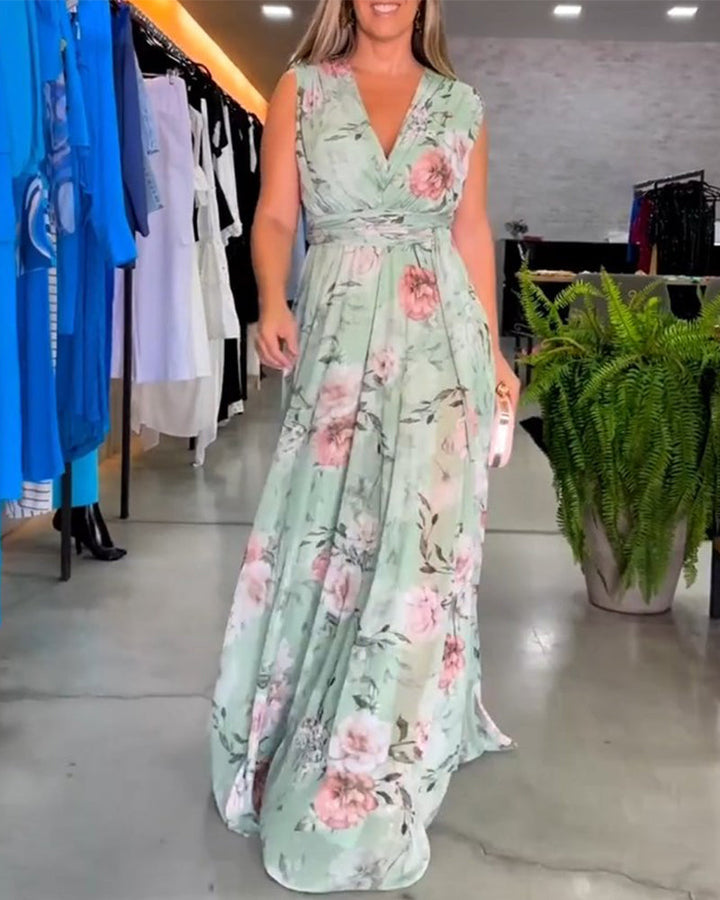 Gia | Květnatý, bezrukávový, dlouhý šaty s rozparkem