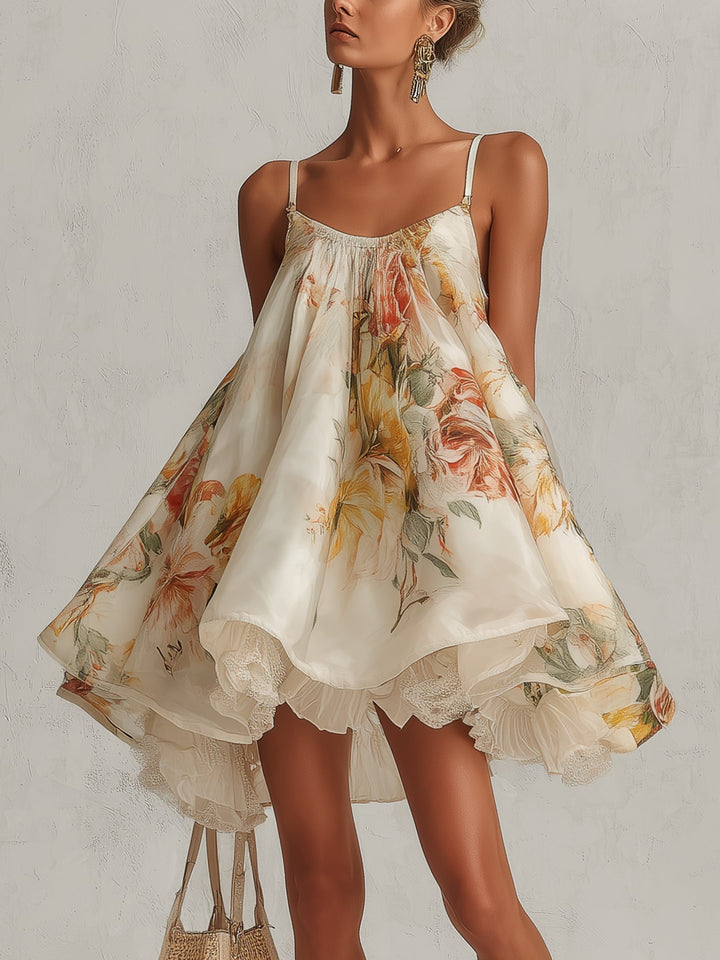 Blanche | Krátké Trapézové Šaty Květinové Béžové Organza S Krajkou