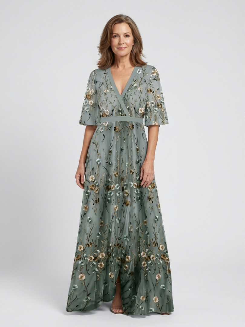KRISZTINA | Zelené večerní šaty s květinami