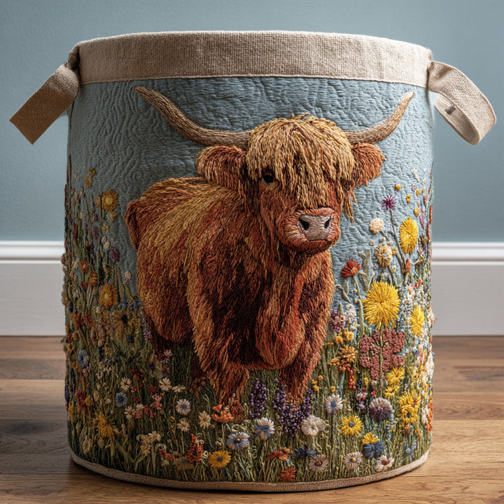 Prošívaný koš na prádlo – Highland kráva a květiny