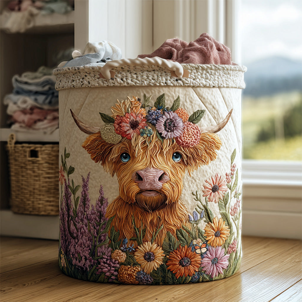 Prošívaný koš na prádlo – Highland kráva a květiny