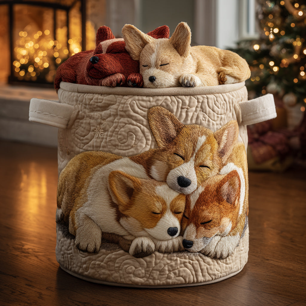 Prošívaný koš na prádlo – Vánoční corgi