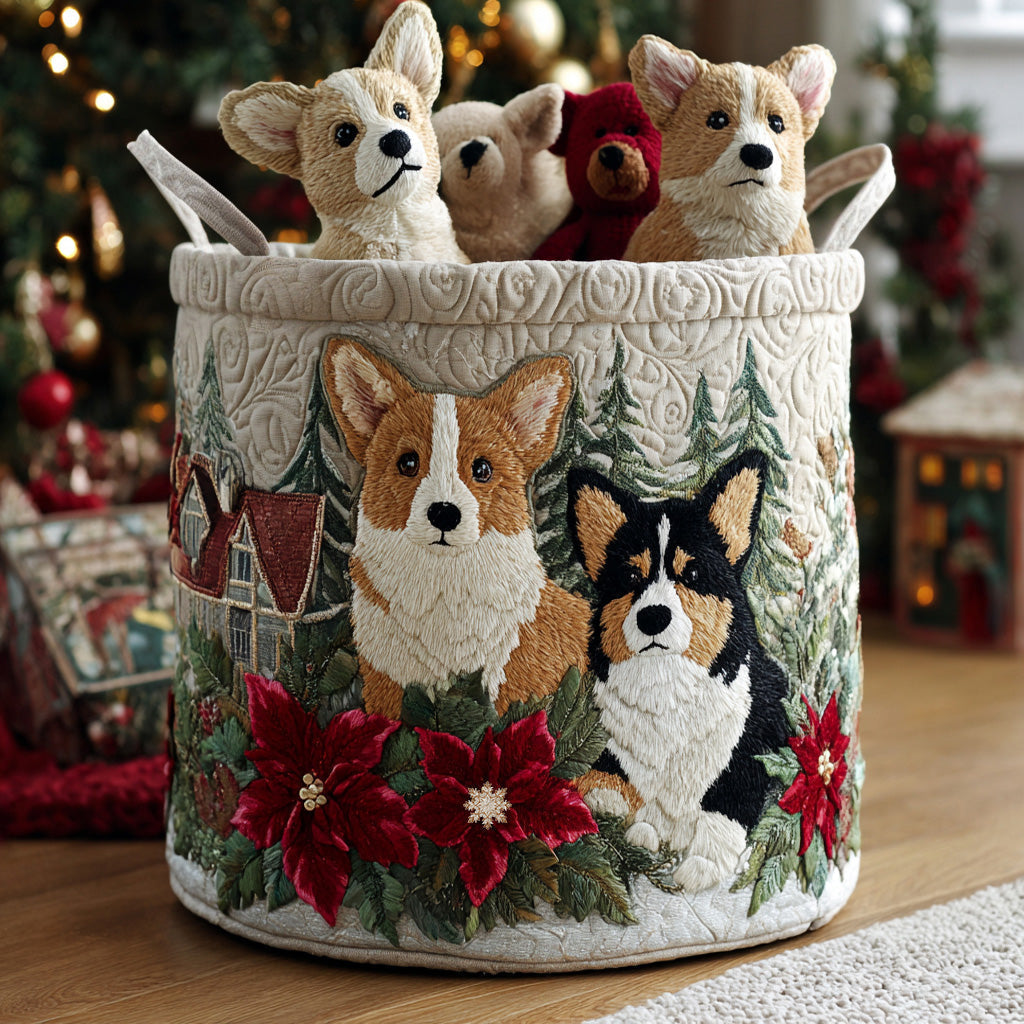 Prošívaný koš na prádlo – Vánoční corgi